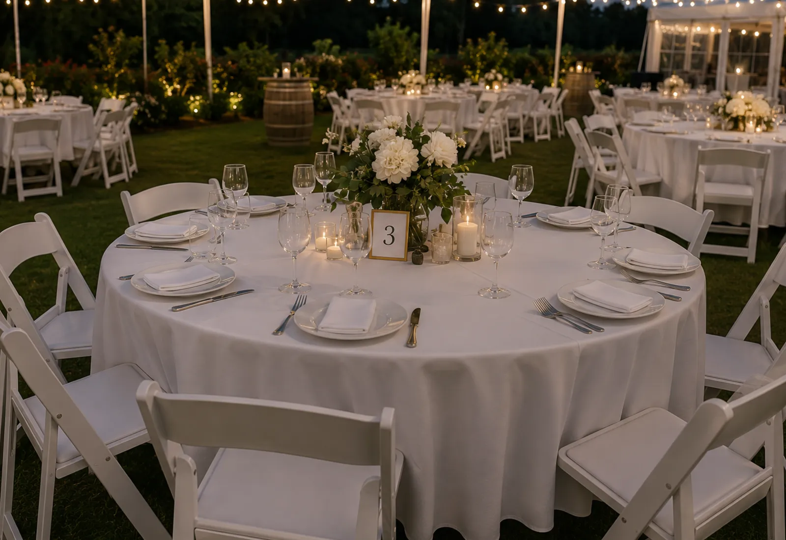 Round tables set for an elegant outdoor reception with white chairs