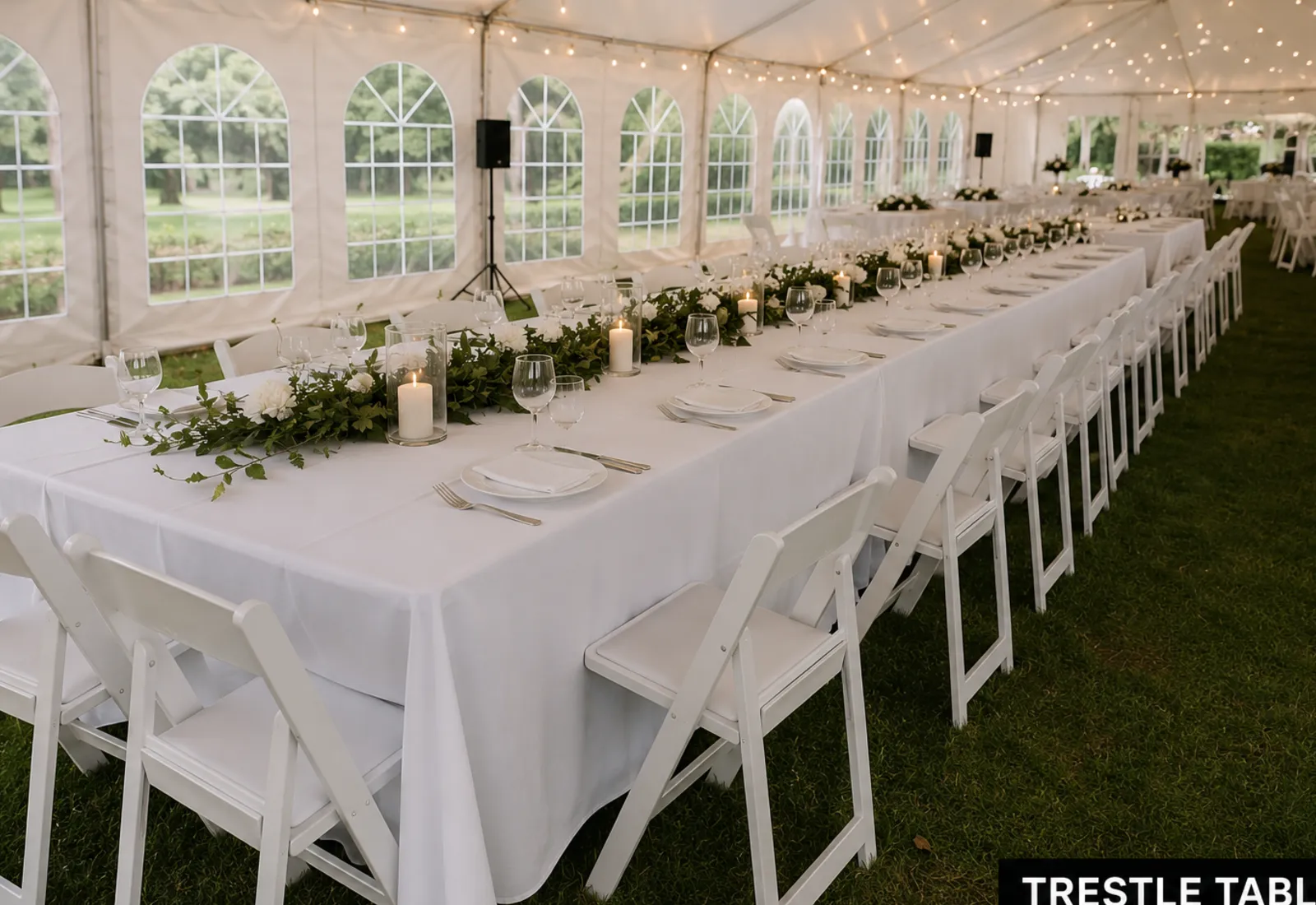 Long trestle tables arranged for a seated event inside a white marquee